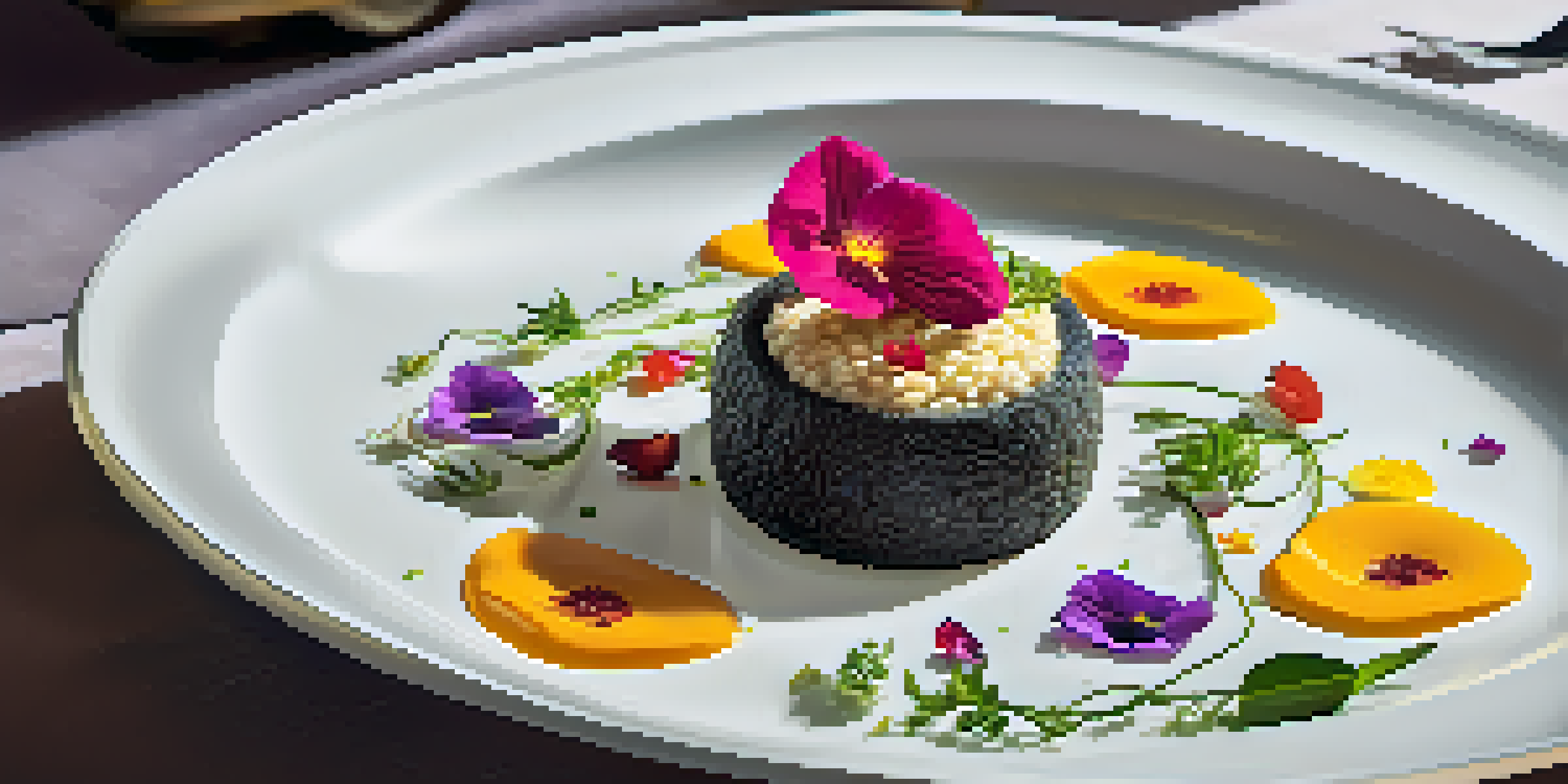 A gourmet dish featuring truffle risotto adorned with fresh herbs and edible flowers, presented on an elegant table.
