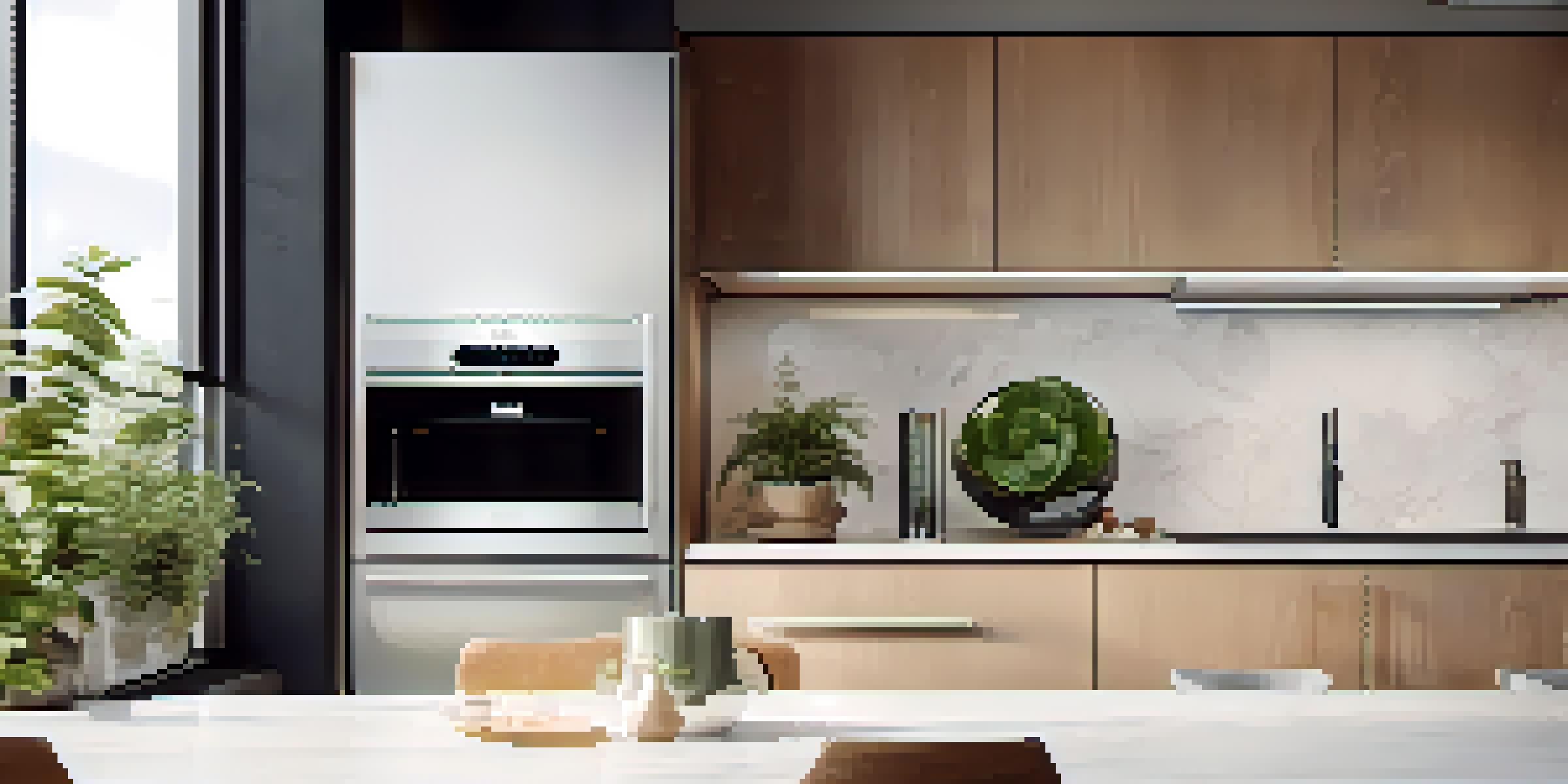 A stylish water dispenser in a modern kitchen, surrounded by plants and minimalist decor, illuminated by warm sunlight.