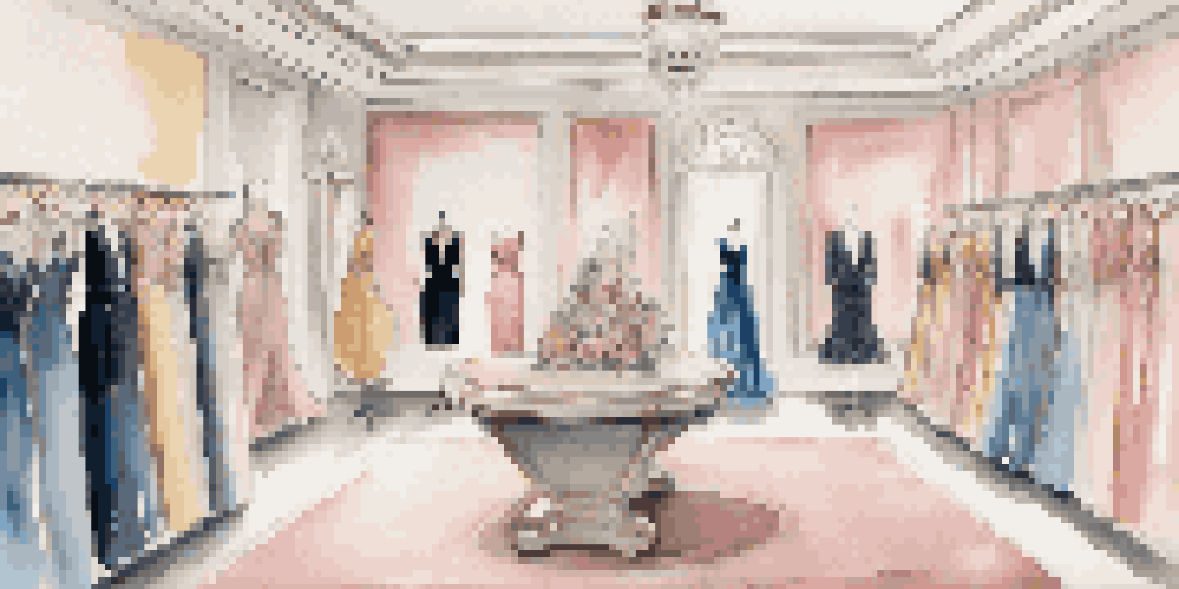 A fashion rental studio with designer dresses and accessories displayed elegantly, featuring soft lighting and pastel-colored walls.