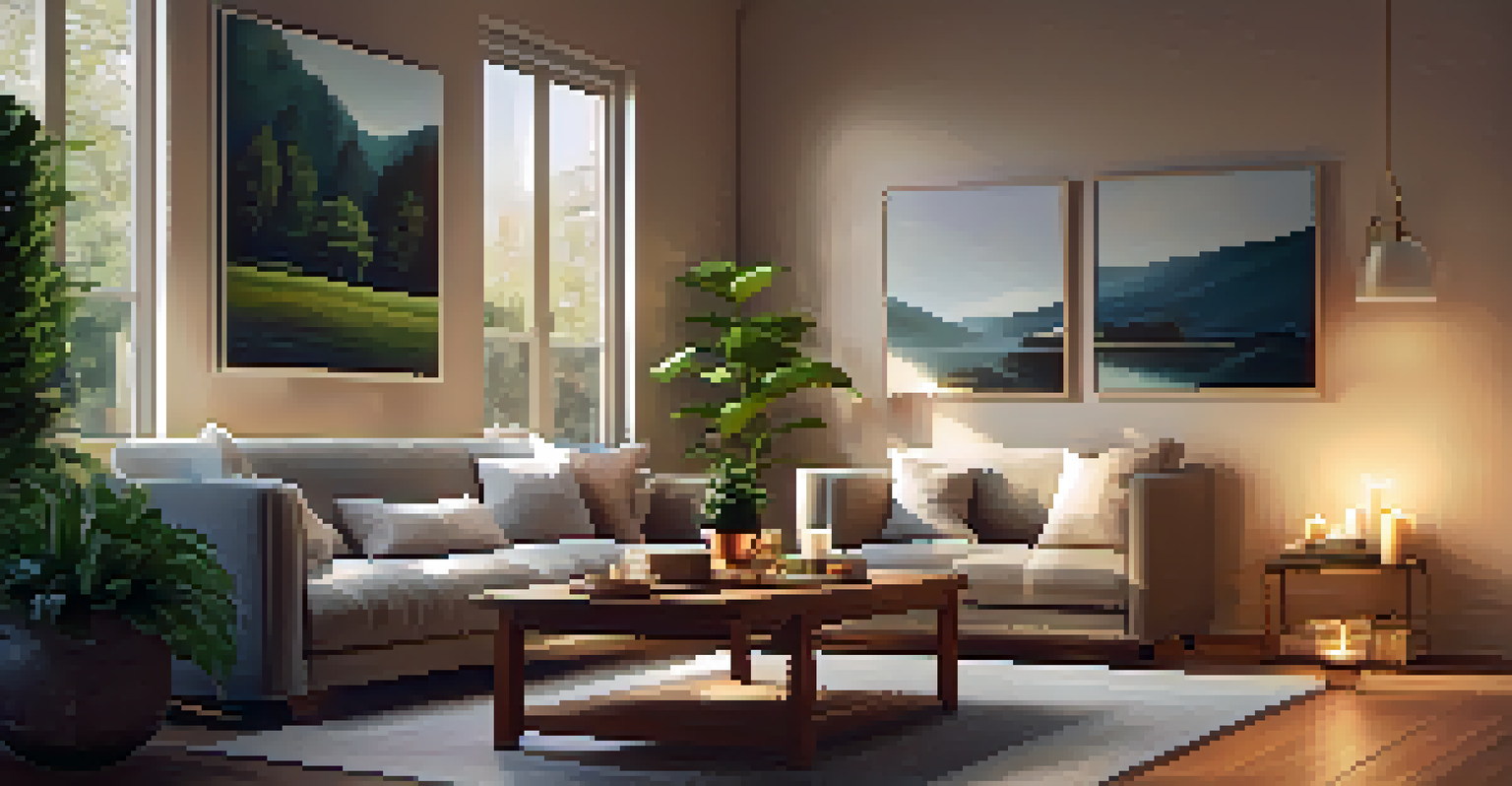 A cozy living room with a lit candle on a coffee table, warm light casting shadows, and aromatic plants nearby.