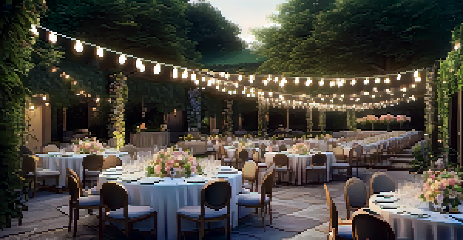 An outdoor luxury event venue with plush seating, elegant dining tables, and fairy lights surrounded by greenery and flowers.