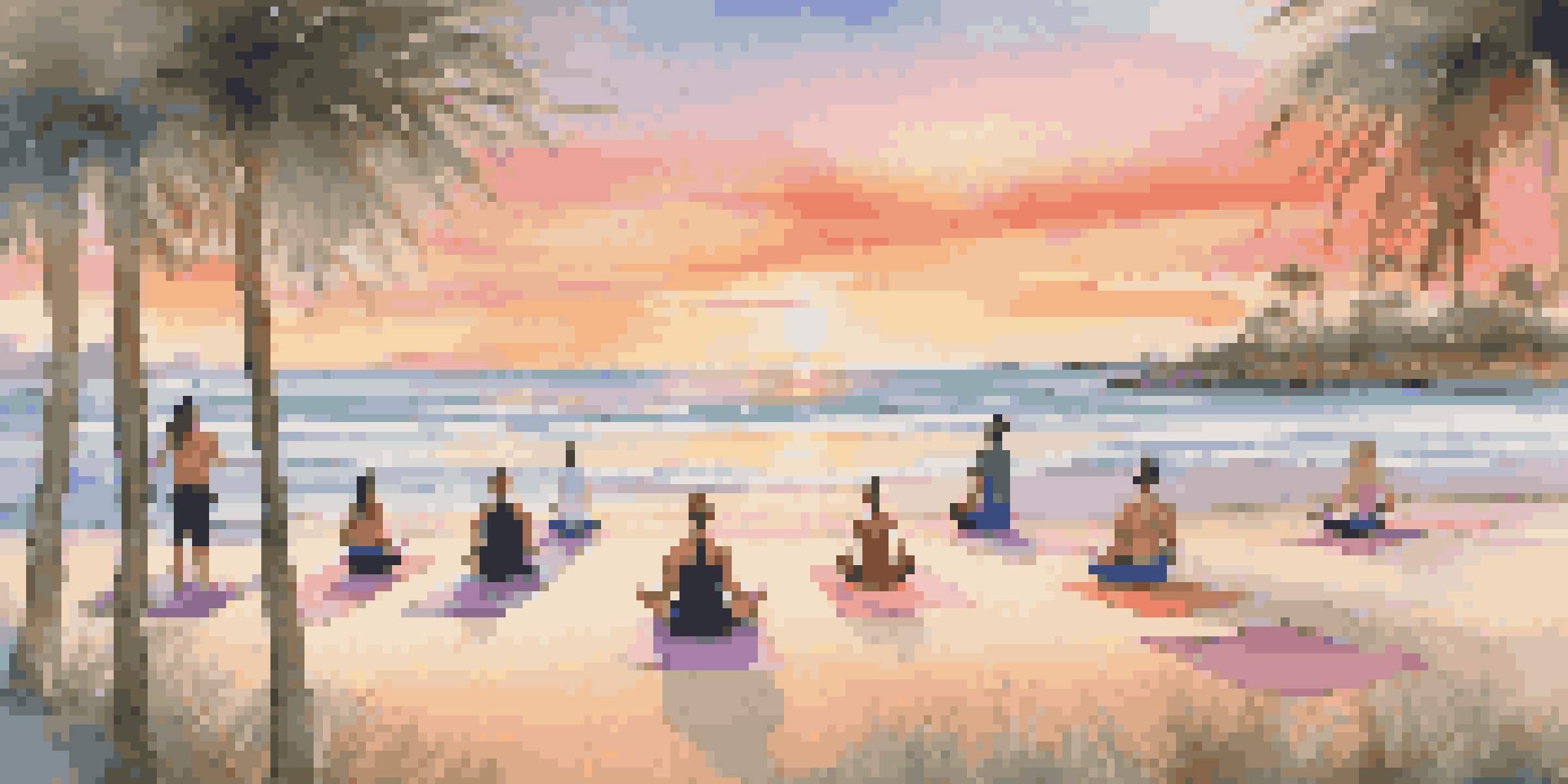 A group of people practicing yoga on a beach at sunset, surrounded by palm trees and gentle waves.