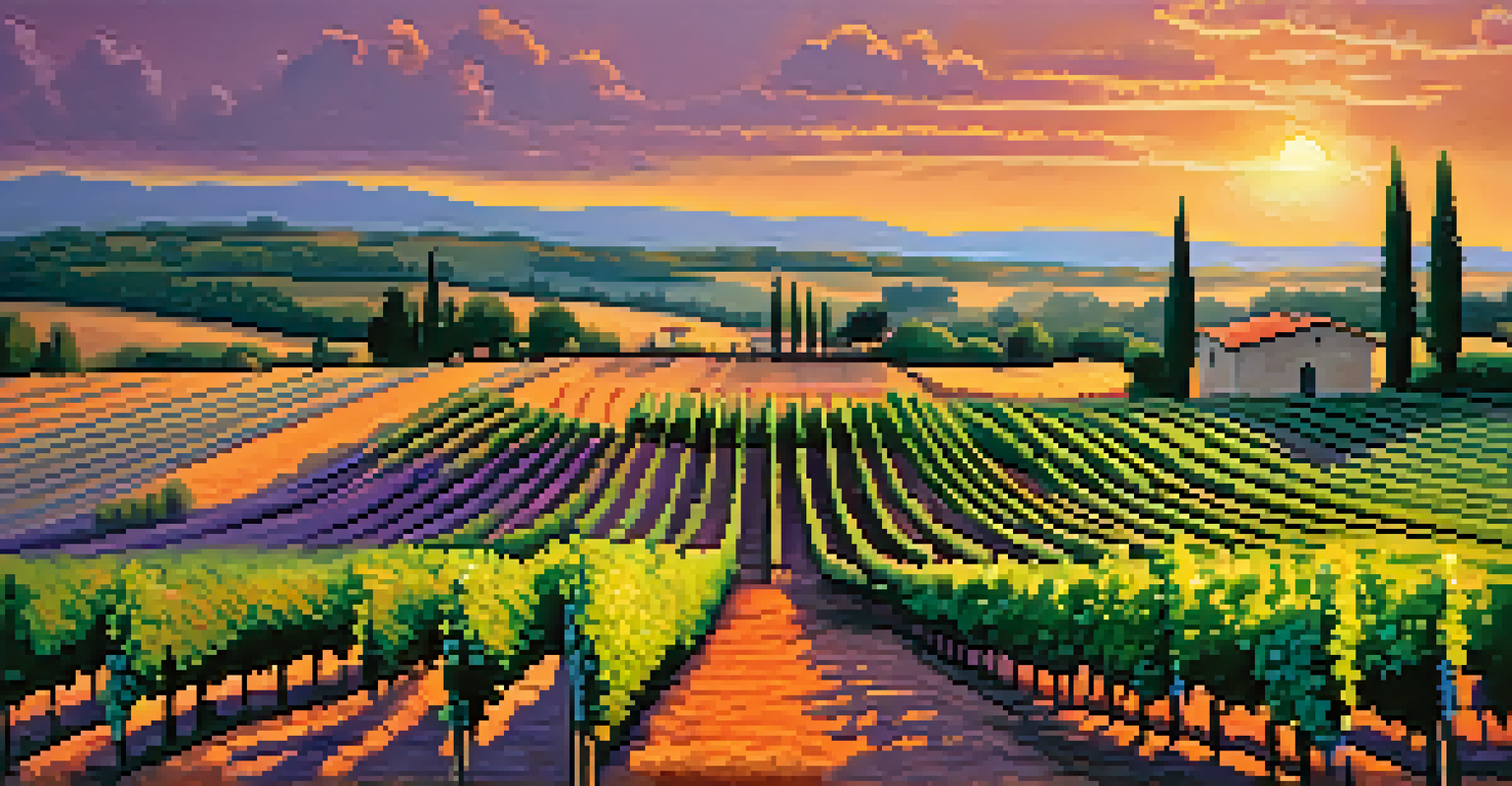 A scenic vineyard in Tuscany at sunset, with rows of grapevines and a colorful sky, creating a peaceful and beautiful landscape.
