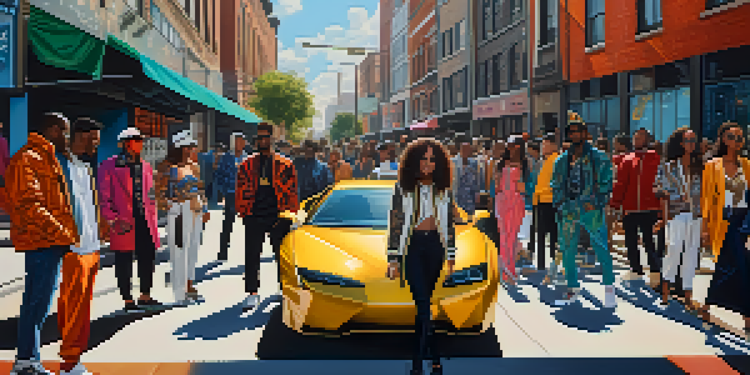 A lively urban street filled with diverse people wearing unique luxury fashion outfits, with graffiti in the background and warm sunlight casting shadows.