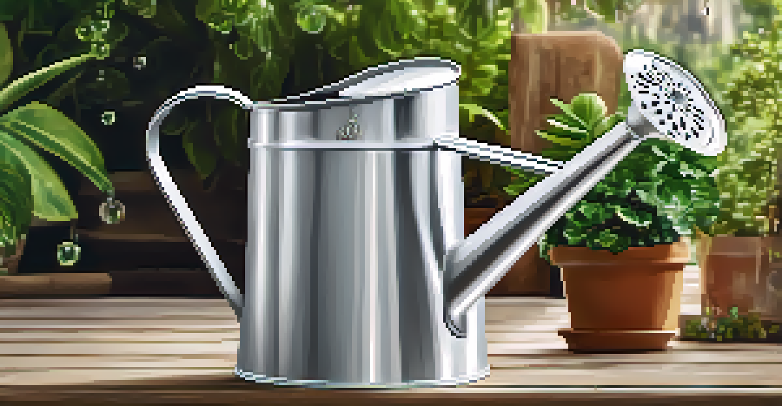A high-end watering can on a wooden table with lush plants in the background.