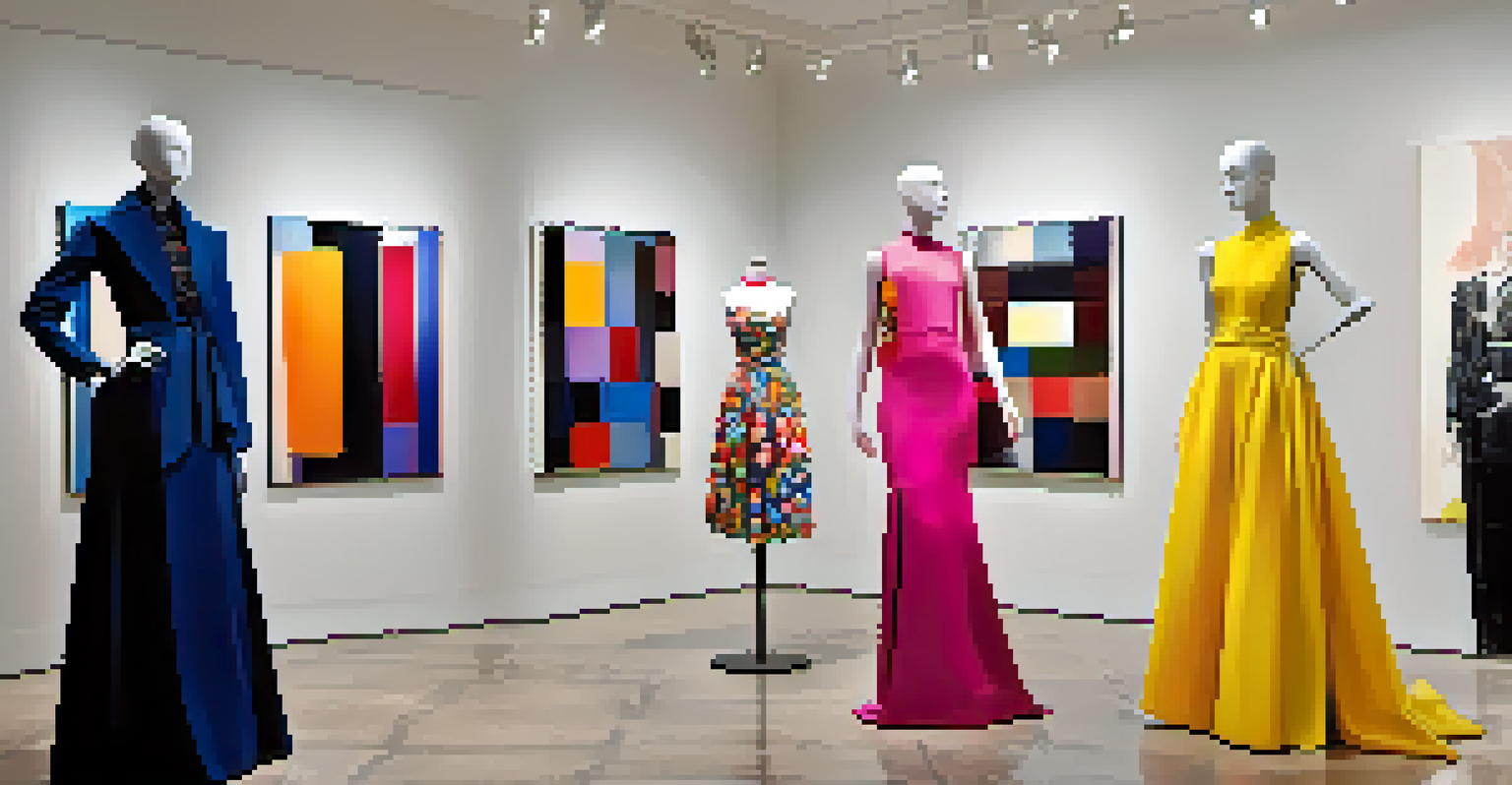 A gallery setting displaying high-fashion garments on mannequins, with colorful abstract art in the background and bright focused lighting.