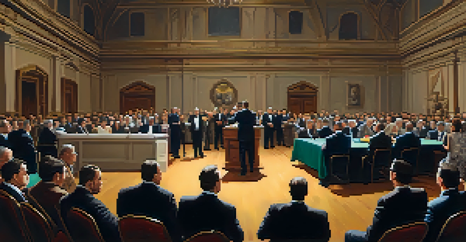 A lively auction scene with bidders and an auctioneer presenting an artwork in a beautifully decorated room.