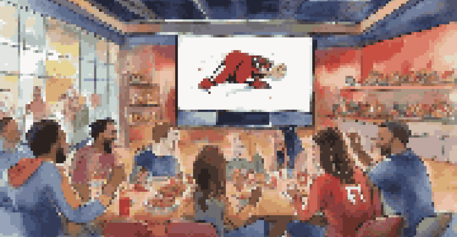 A lively gathering space with a large video wall displaying a sports event. Friends cheer together, surrounded by festive decorations in team colors.