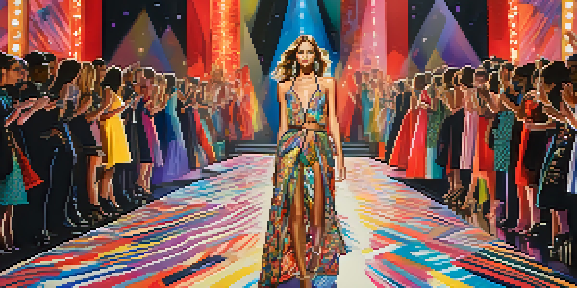 A celebrity model walking down a fashion runway, wearing a unique outfit with vibrant patterns and accessories, under colorful spotlights.