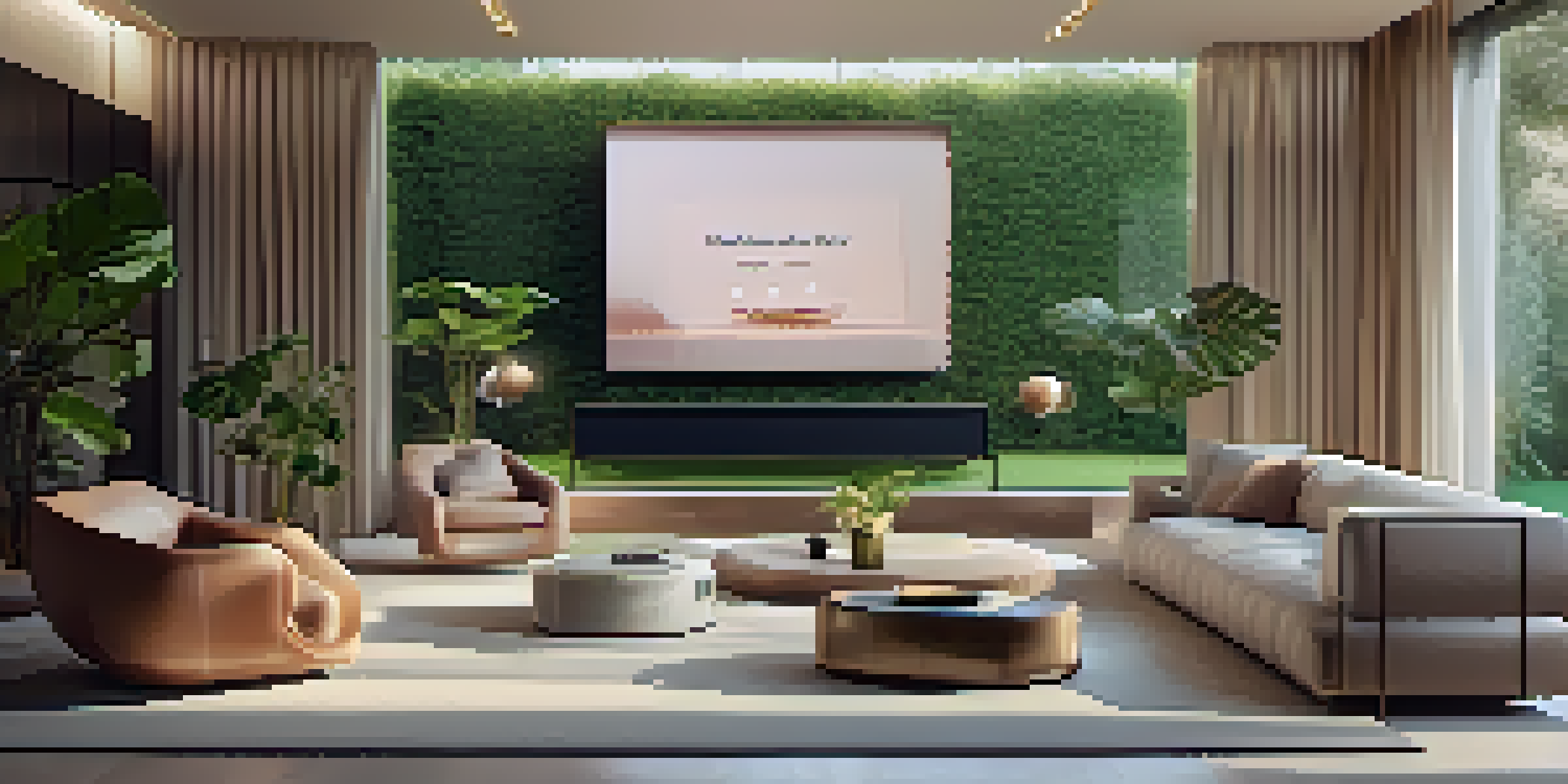 A luxurious living room with modern furniture and smart home devices, illuminated by warm lighting and a view of a garden outside.