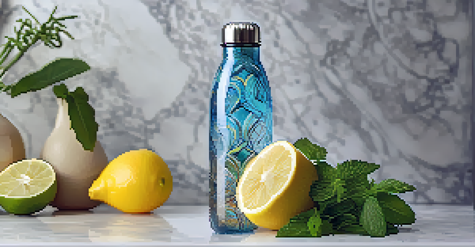 A beautifully designed glass water bottle on a marble countertop, surrounded by fresh fruits and herbs, illuminated softly.