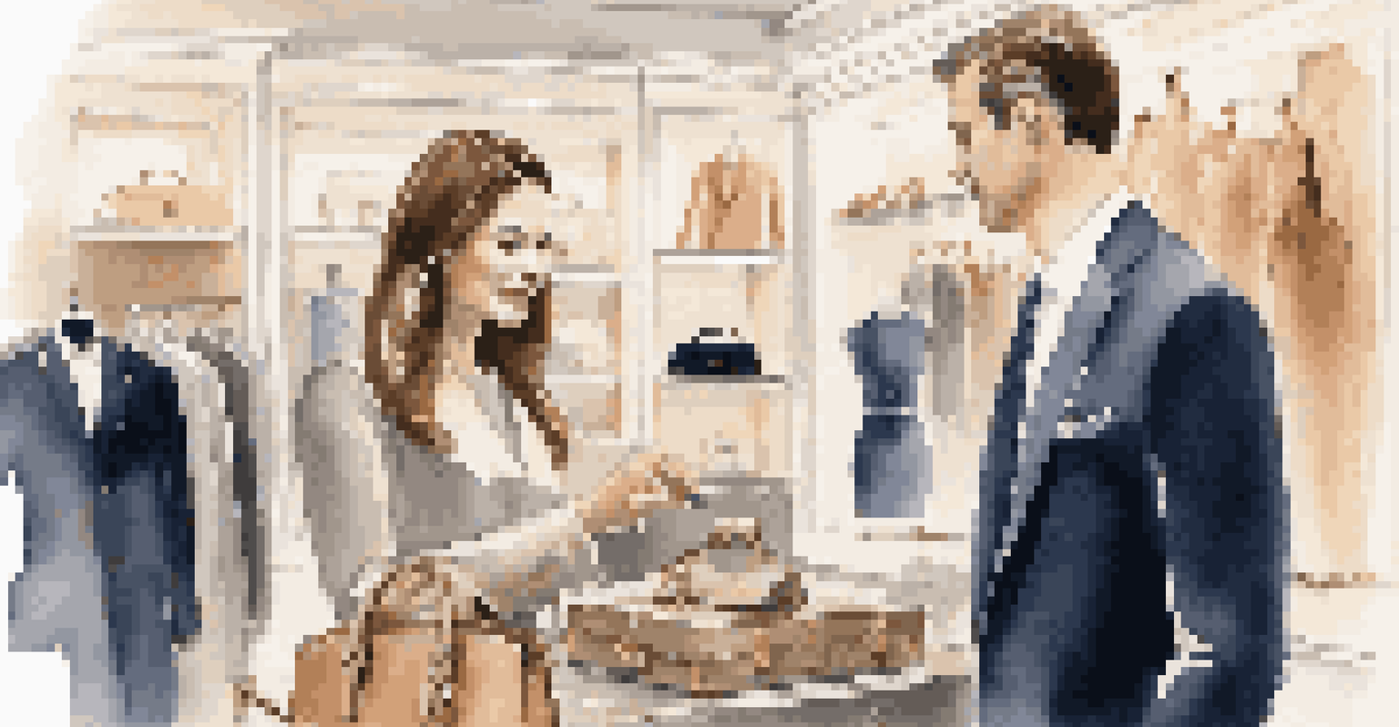 A luxury brand representative providing personalized service to a client in an elegant boutique.