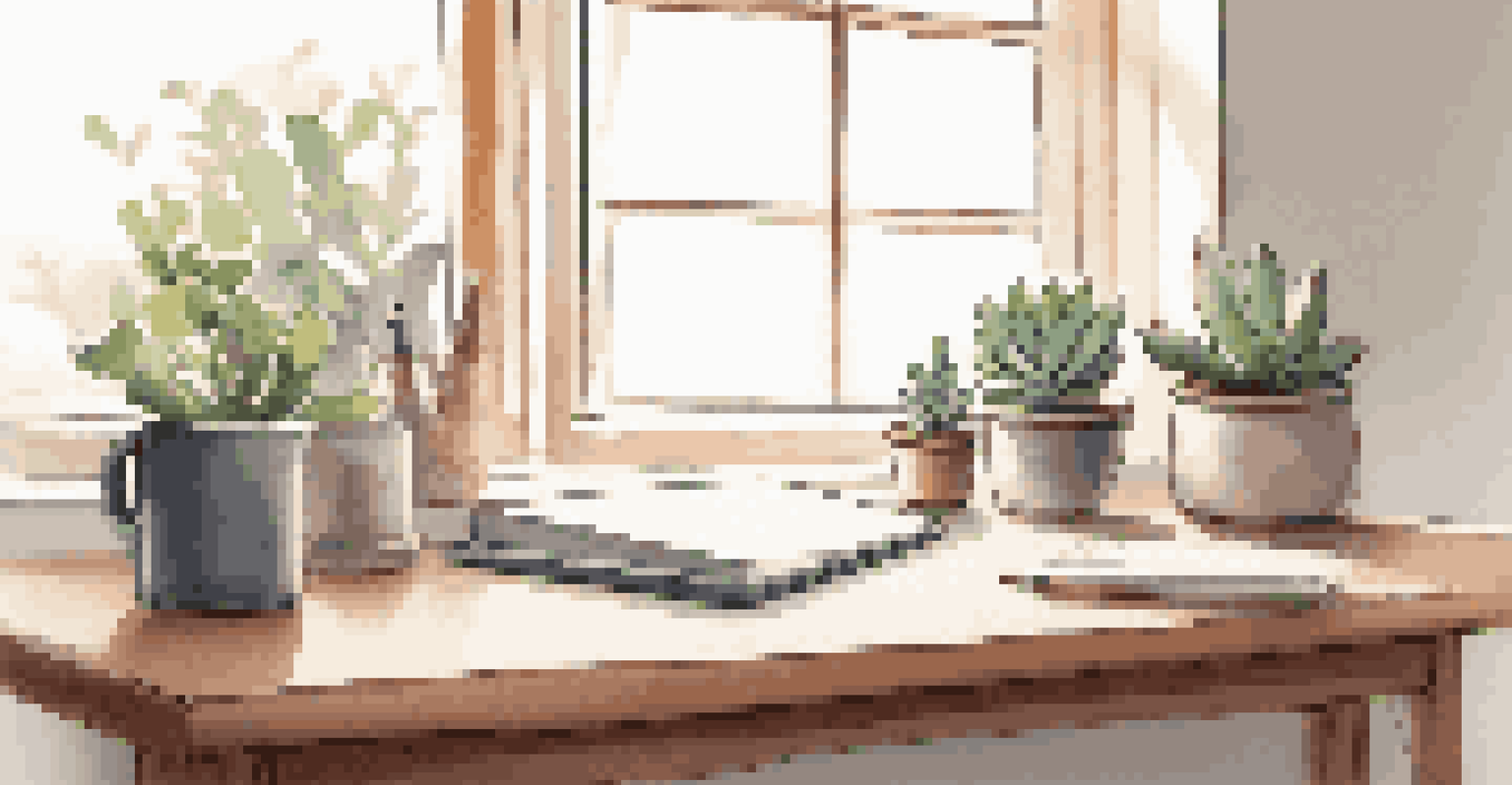 A minimalist desk with a notebook and a small plant, bathed in warm natural light, promoting a focused atmosphere.