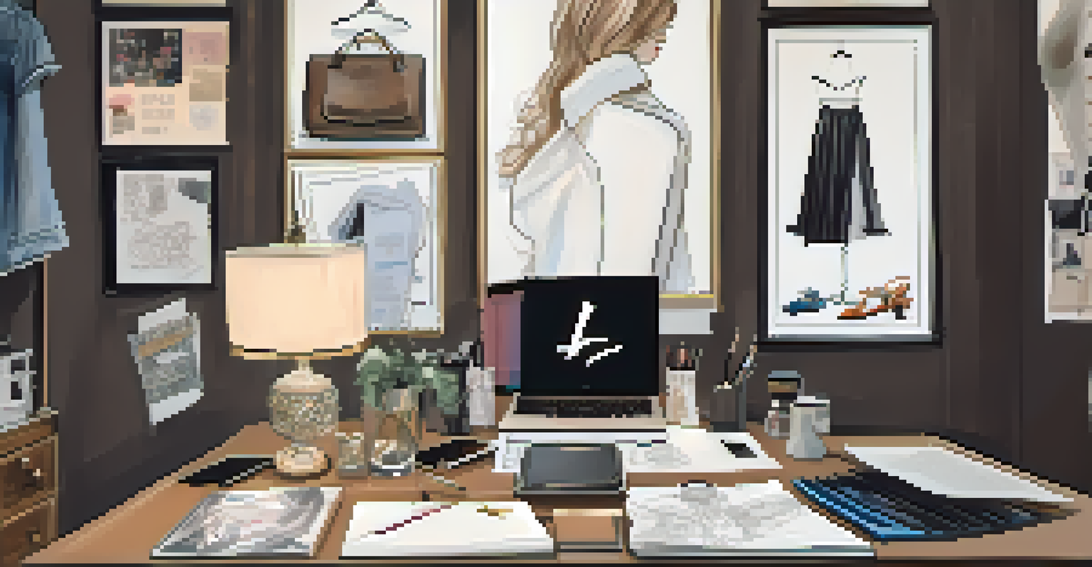 An elegant workspace with a laptop playing a fashion podcast, surrounded by design notes and a mannequin.