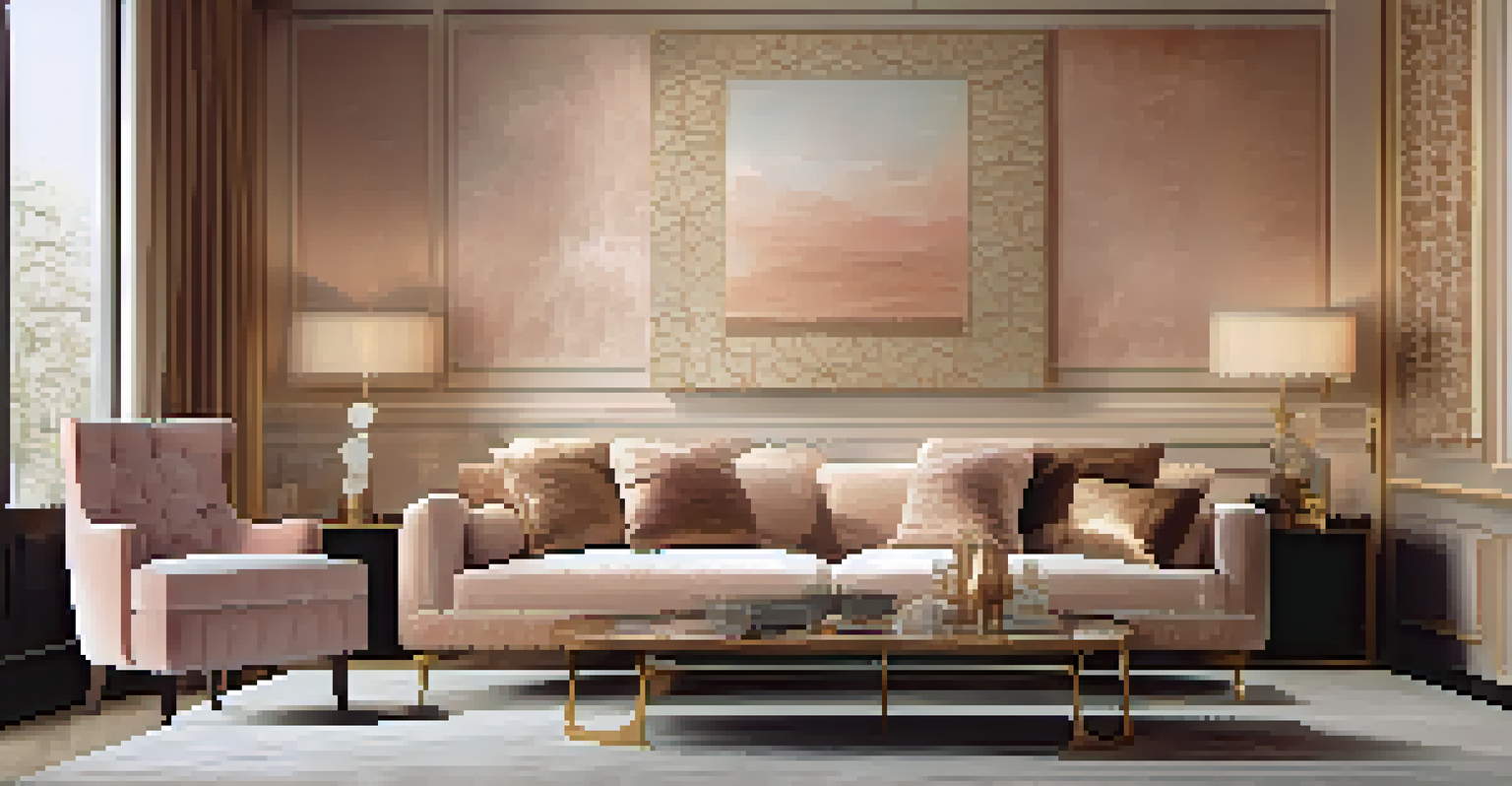 A luxurious living room with silk wall treatments in pastel colors, warm light, and a plush velvet sofa.