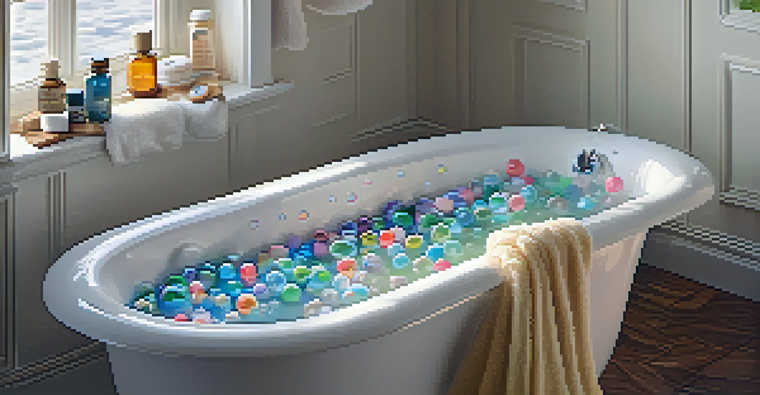 An overhead view of a filled bathtub with bubbles and bath products, under soft natural lighting.