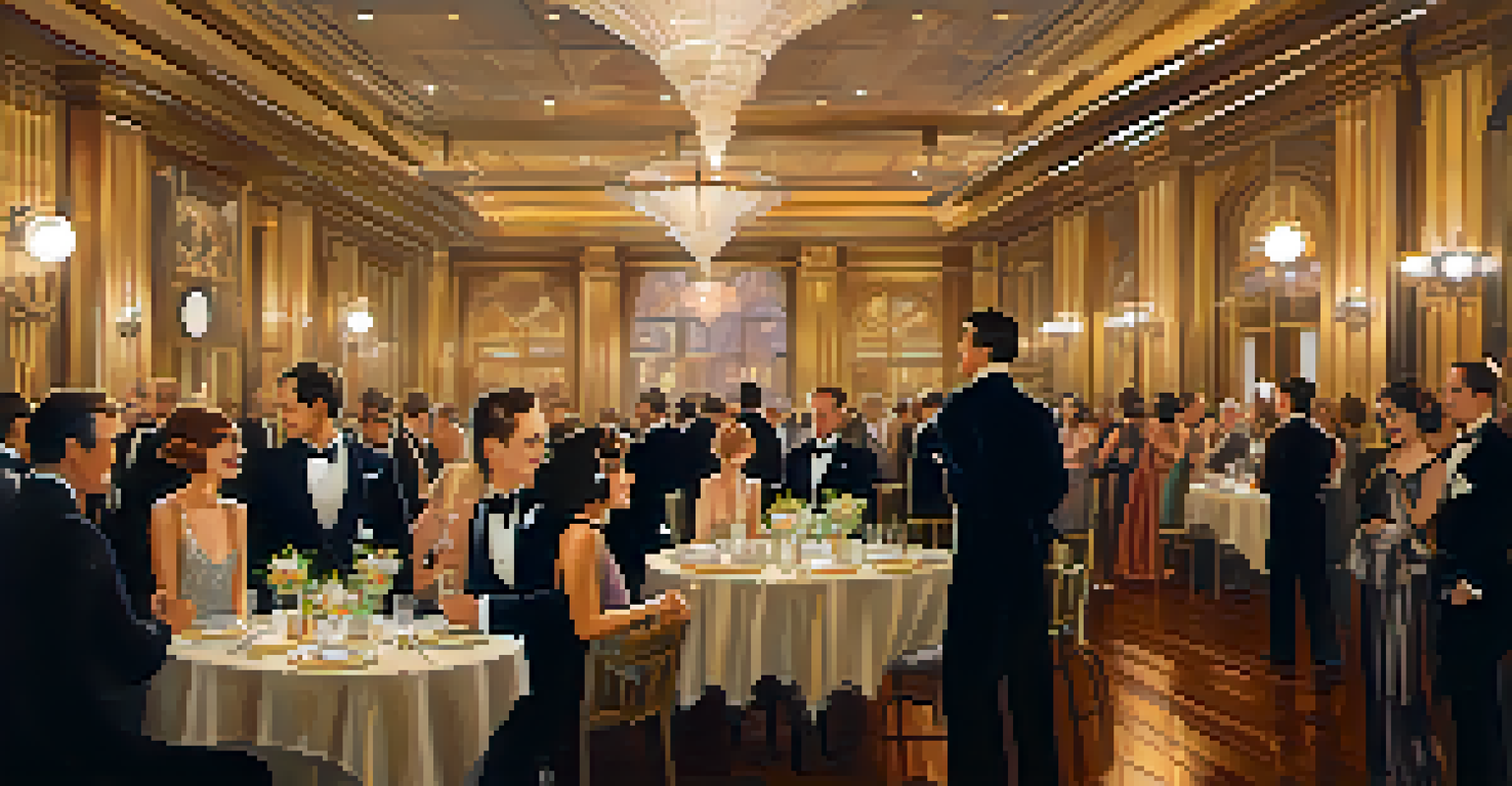 A 1920s themed wedding reception with guests in vintage attire and elegant Art Deco decorations.