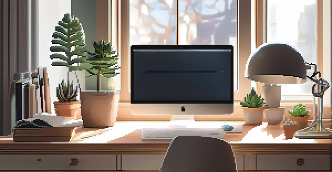 A well-lit home office with an ergonomic chair, adjustable desk, succulent plant, family photos, and a stylish lamp creating a warm atmosphere.