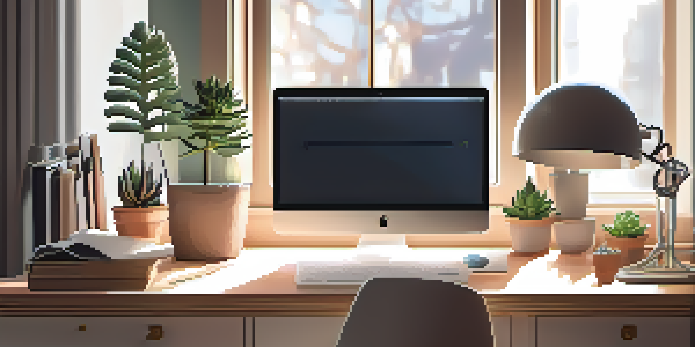 A well-lit home office with an ergonomic chair, adjustable desk, succulent plant, family photos, and a stylish lamp creating a warm atmosphere.