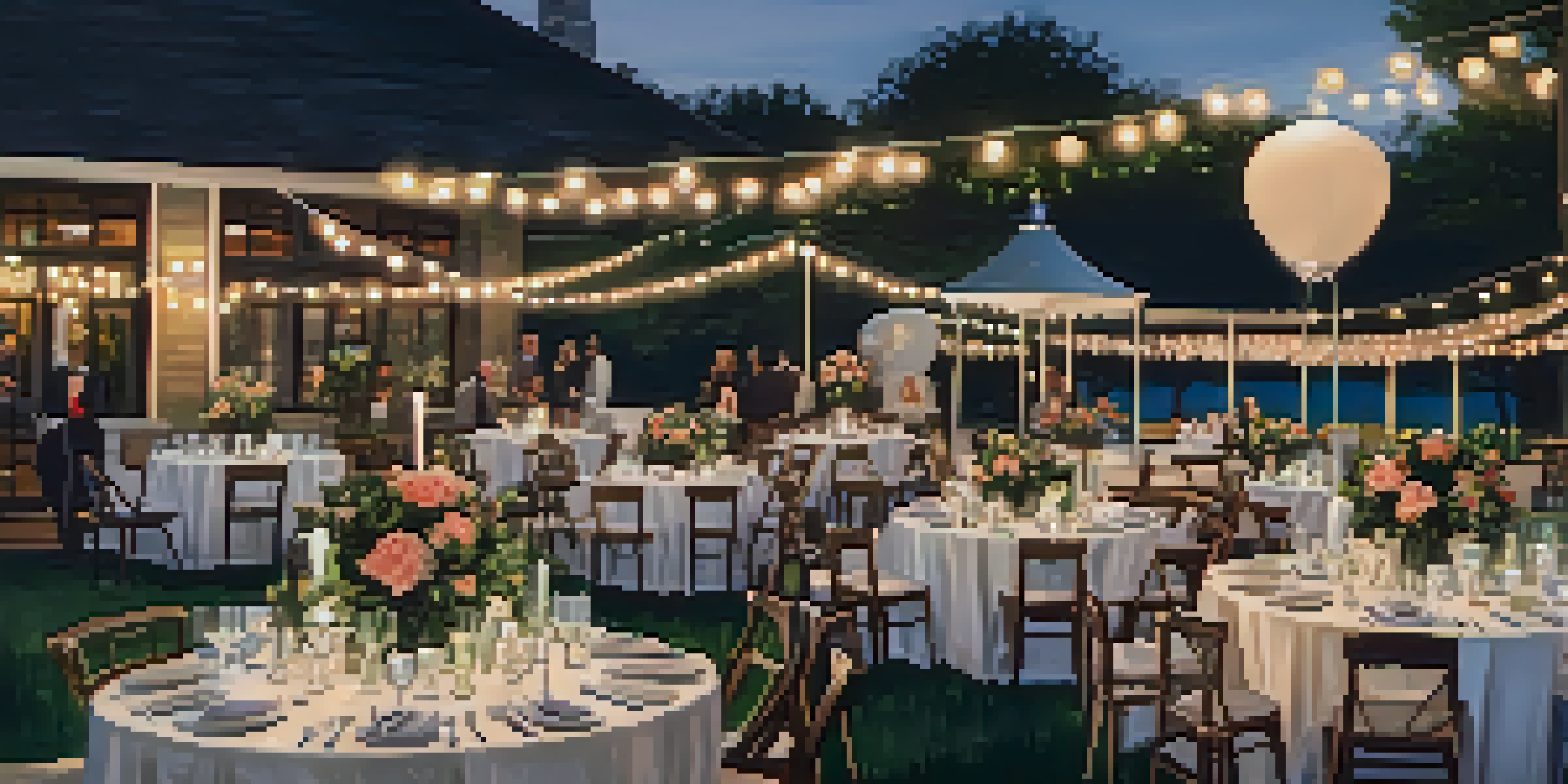 An outdoor wedding reception with personalized decorations, table settings, and guests enjoying the event under string lights.