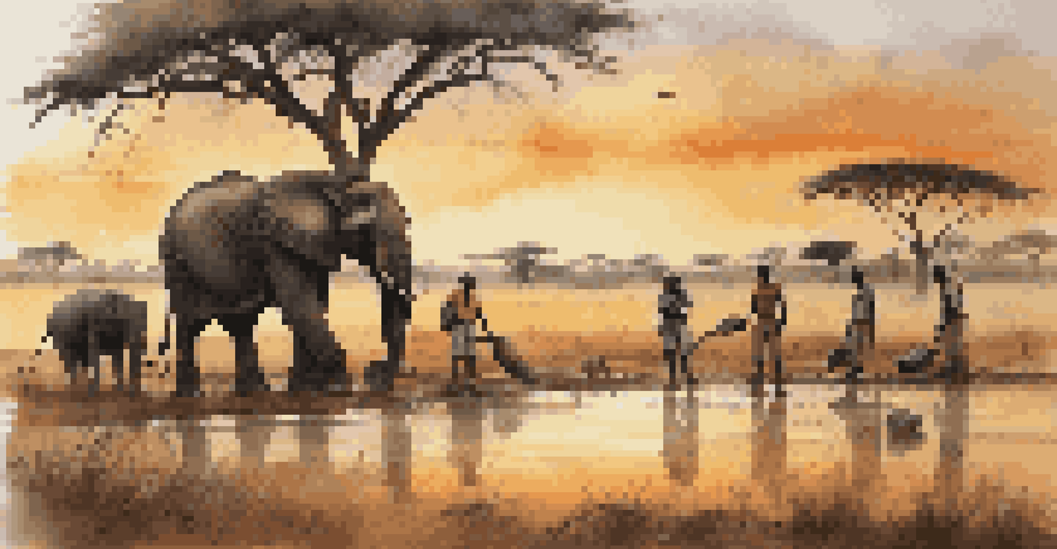 Travelers planting trees in an African savanna, with elephants in the background during sunset.