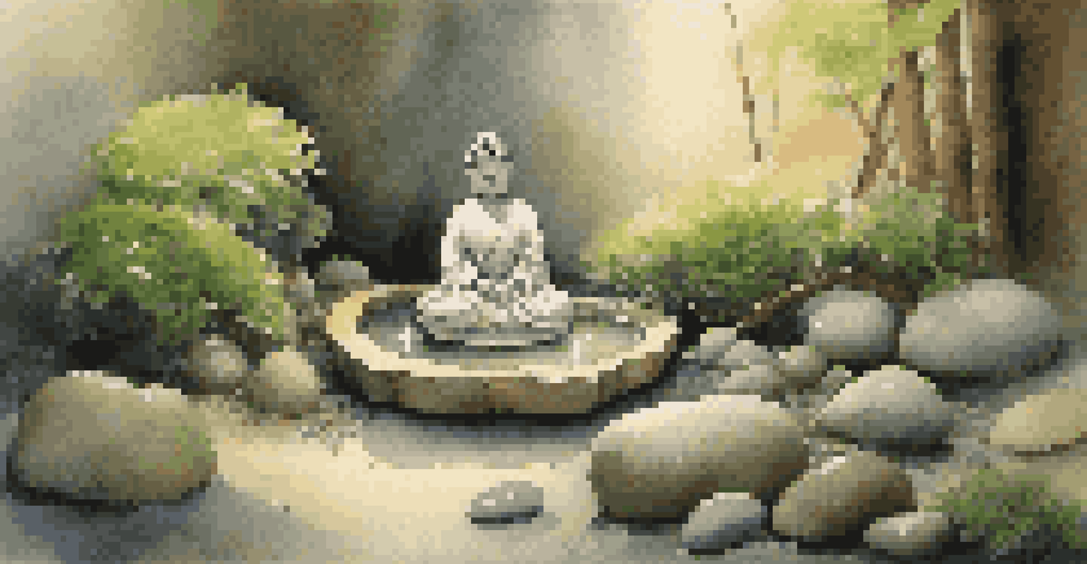 An intimate Zen garden corner with a Buddha statue, pebbles, moss, and a water fountain, illuminated by soft solar lights.