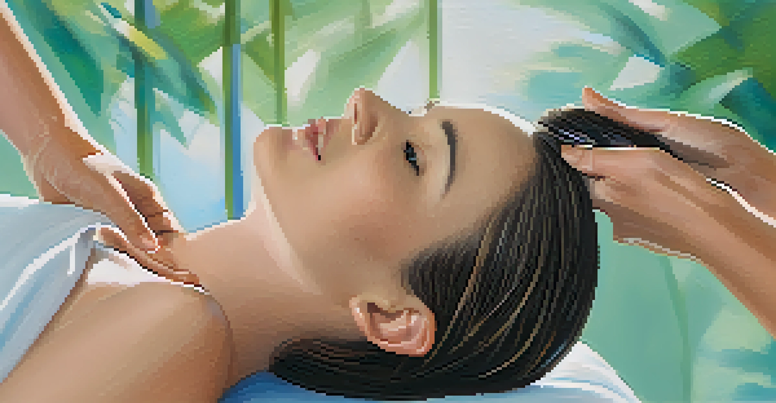 A therapist giving a scalp massage to a relaxed client, with a focus on the hands and soothing background colors.