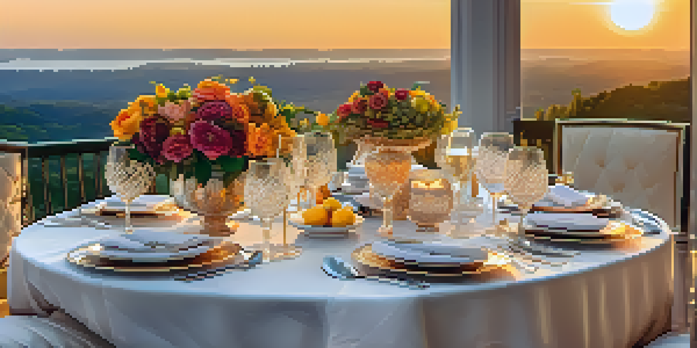 An elegant outdoor dining setup on a terrace with a sunset view, featuring fine china and floral arrangements.
