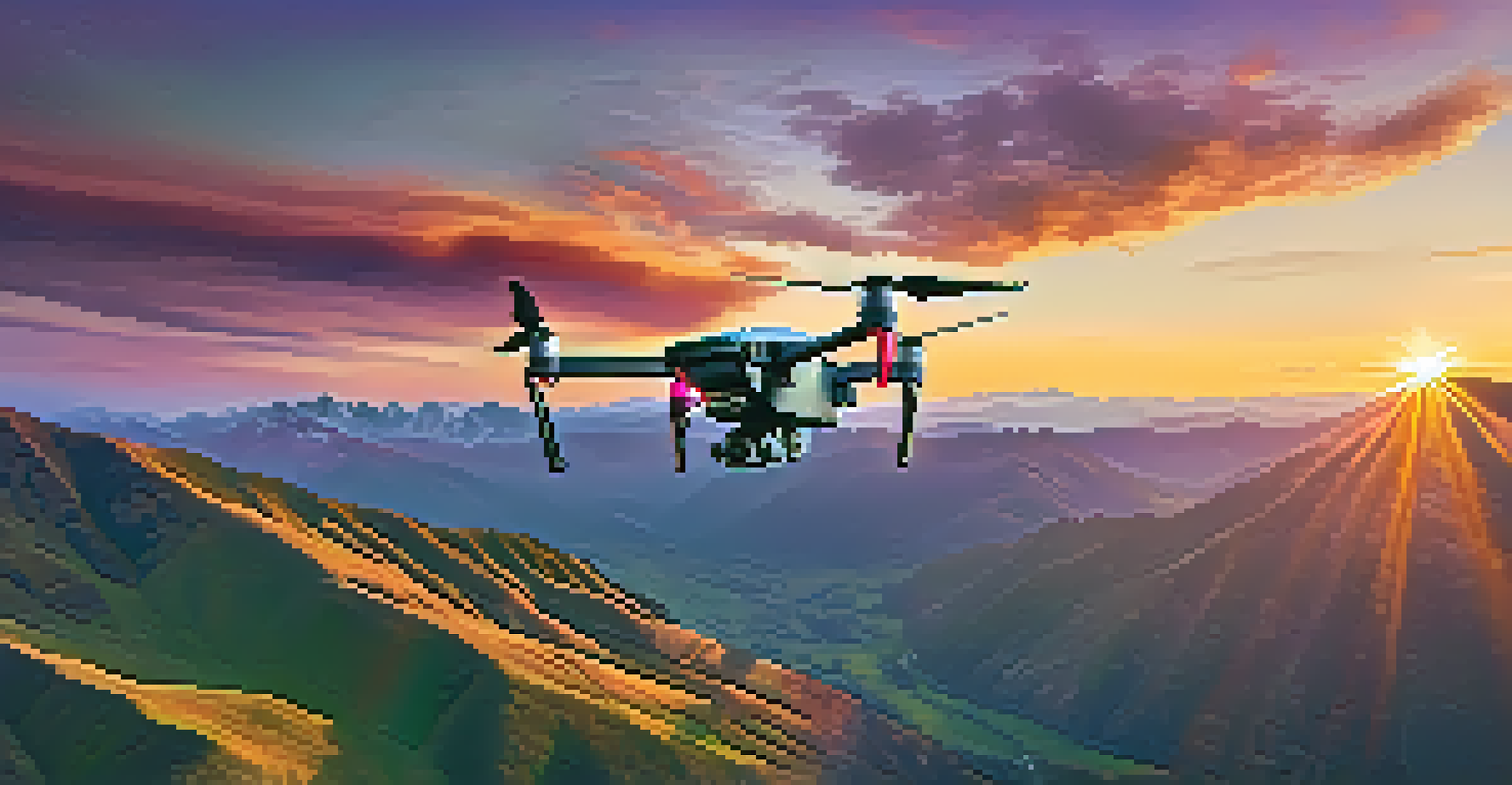 A DJI Mavic 3 drone flying over a mountainous landscape at sunset, with colorful clouds and golden terrain.