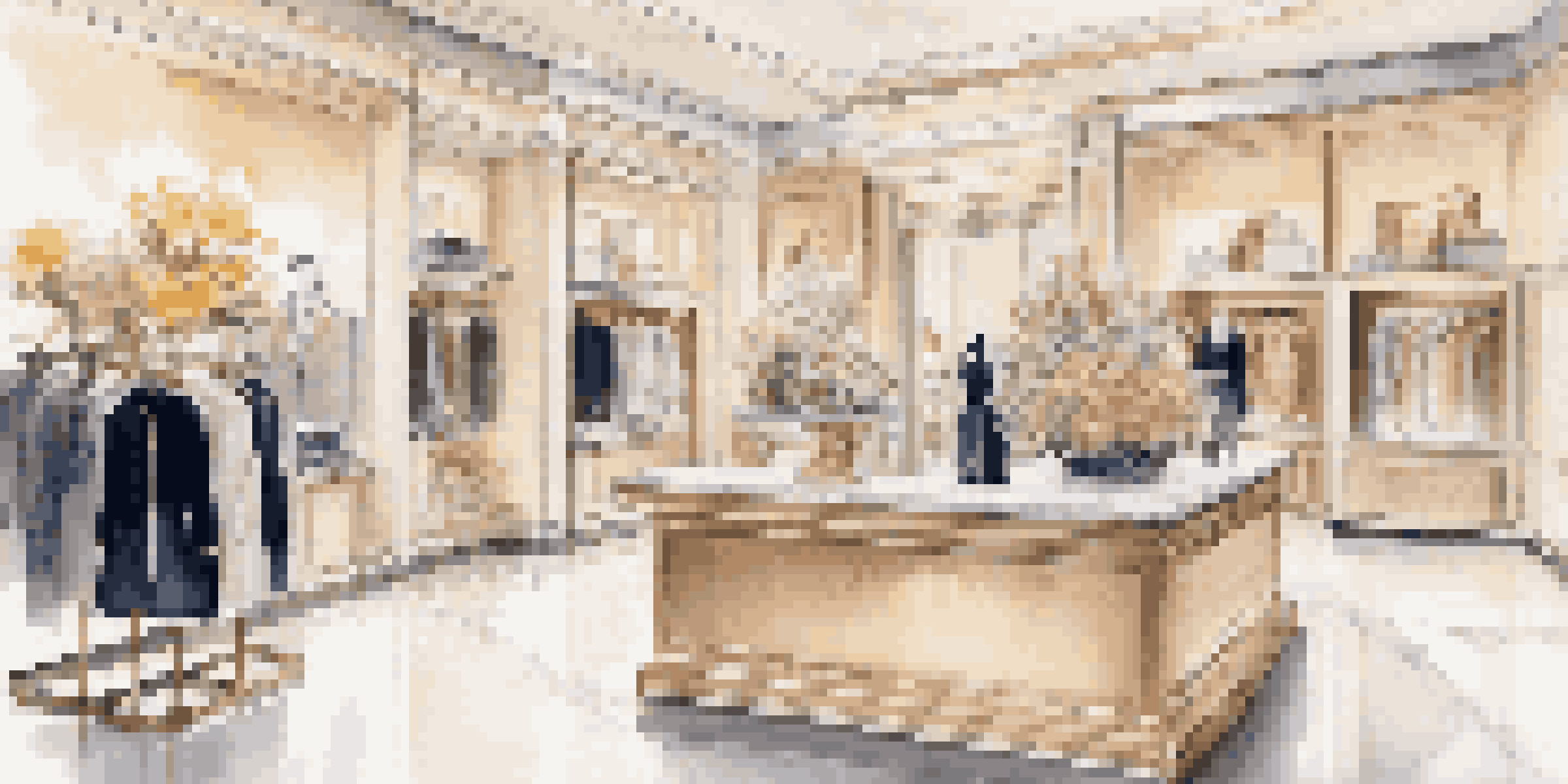 An elegant boutique interior with high-end fashion displays and warm lighting, creating a luxurious atmosphere.