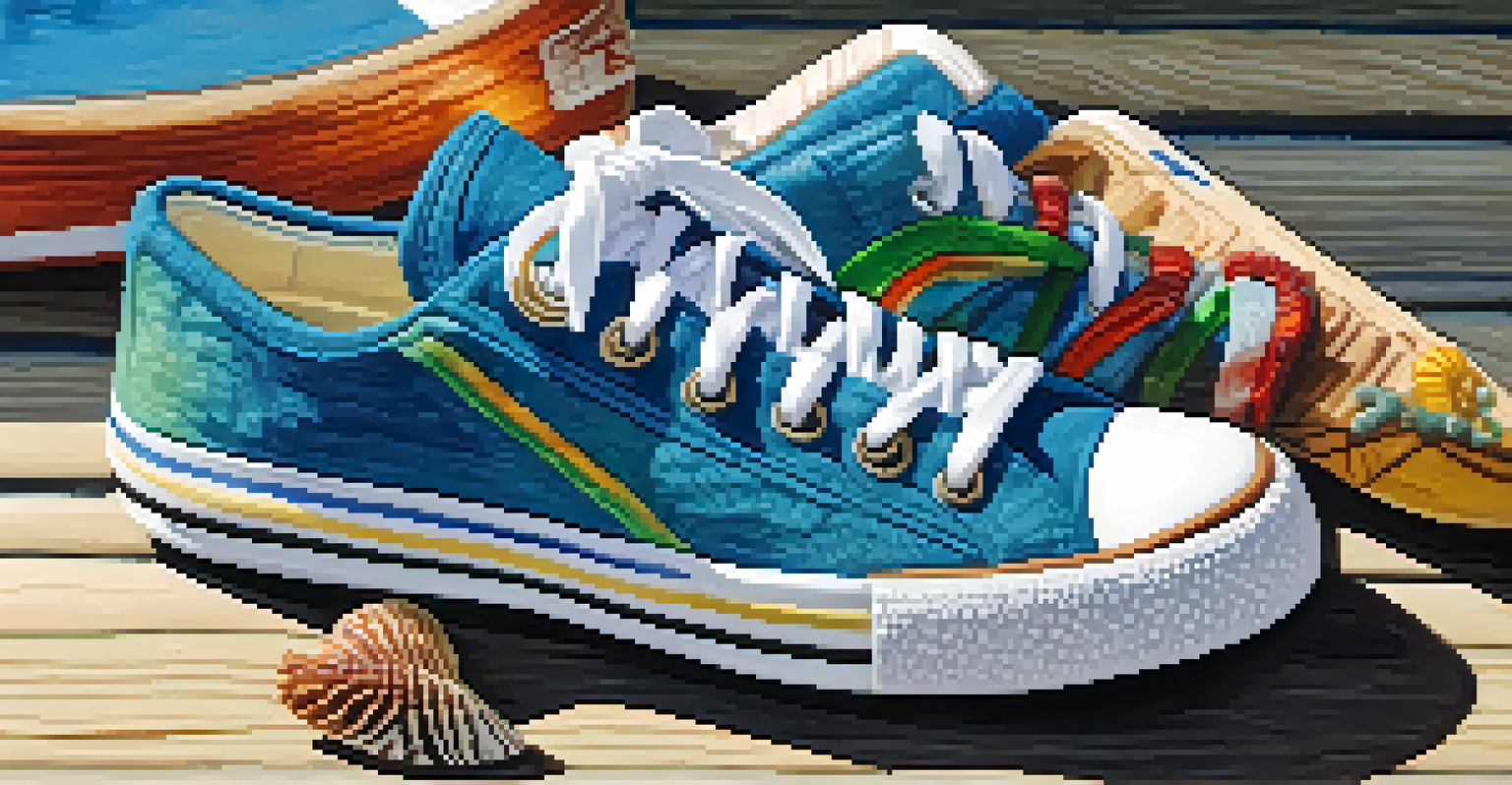 A close-up of eco-friendly sneakers made from recycled ocean plastic on a wooden surface.