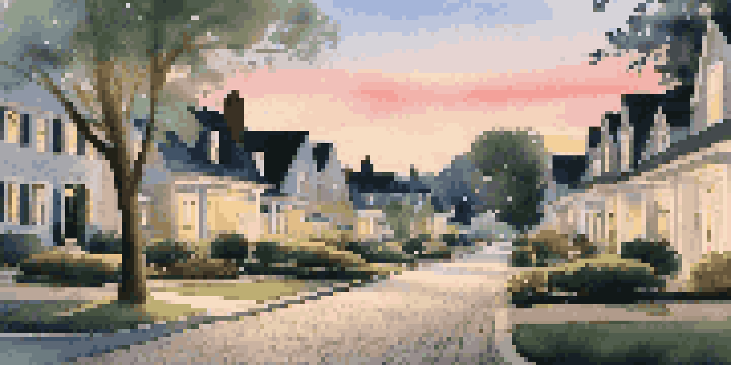 A peaceful luxury neighborhood with elegant homes and soft street lighting at dusk, showing residents walking their dogs and chatting.
