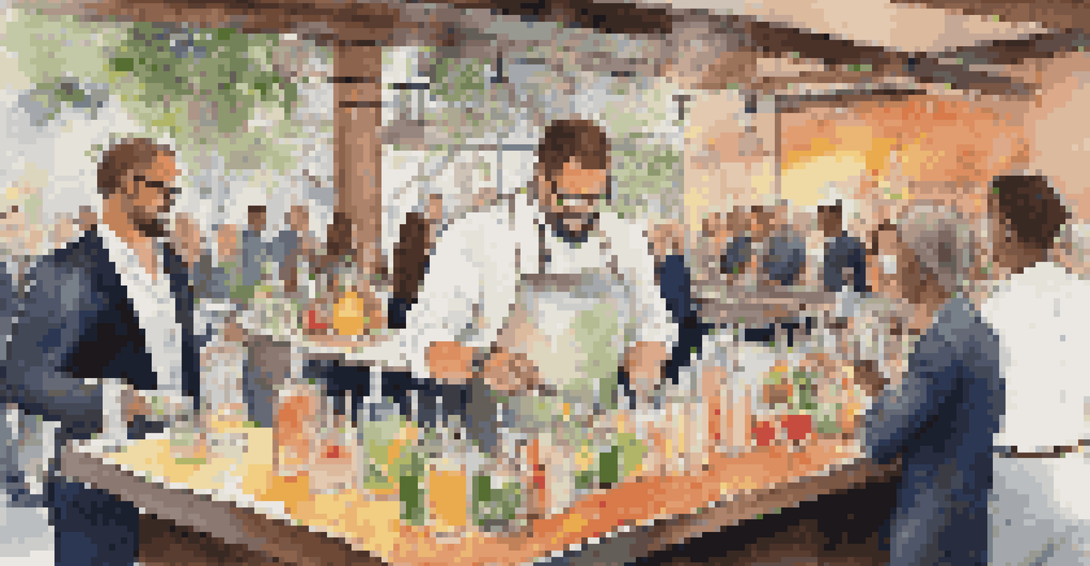 An interactive cocktail-making station with a mixologist teaching guests, surrounded by colorful ingredients and soft lighting.