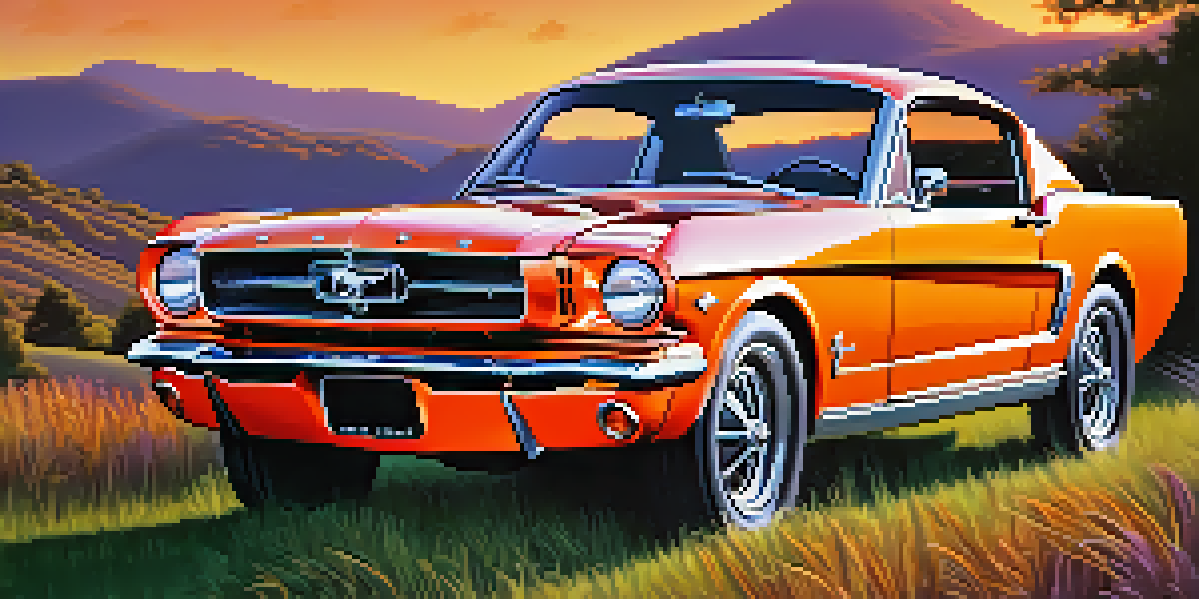 A classic 1965 Ford Mustang parked under a sunset, reflecting warm colors and surrounded by greenery.