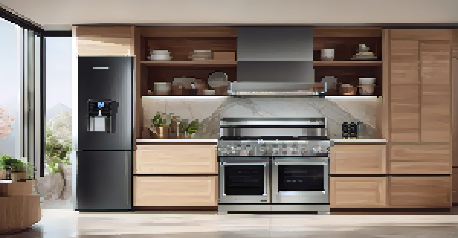 A stylish kitchen featuring smart appliances like a refrigerator and oven, with marble countertops and a digital recipe display.