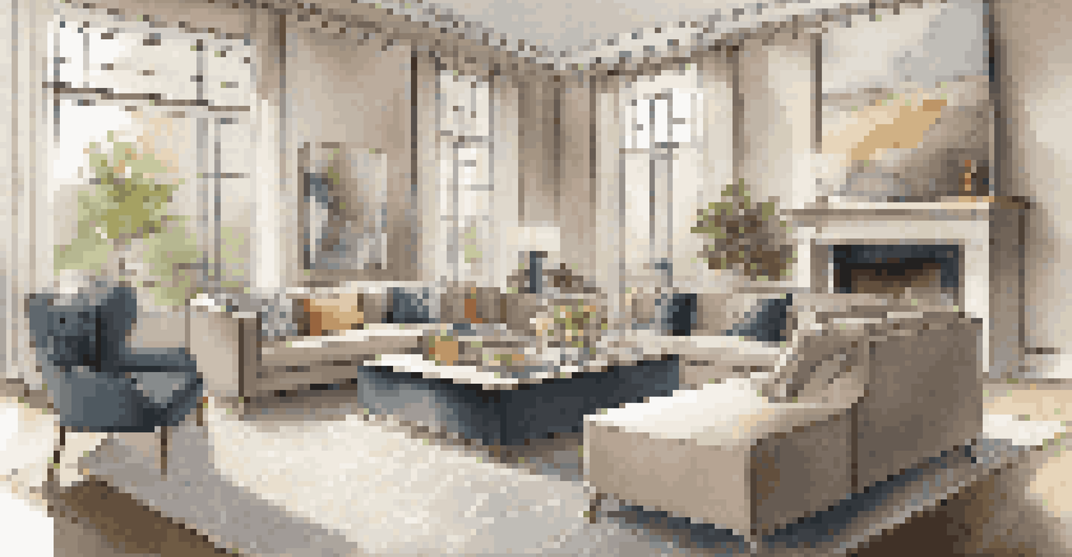 A luxurious living room with high-end furniture and an AR interface for furniture visualization.