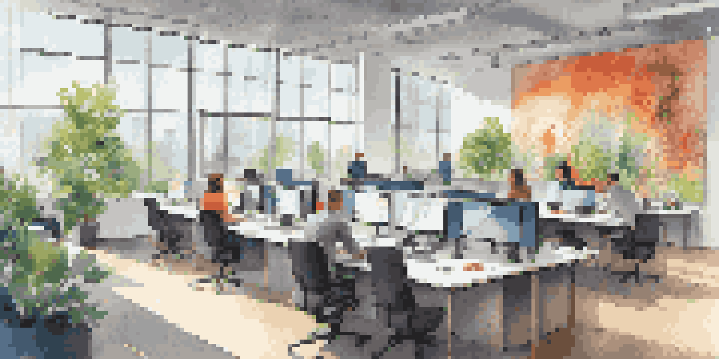 A bright and modern office with an open layout, natural light, greenery, and colorful artwork, where employees are collaborating and working at desks.
