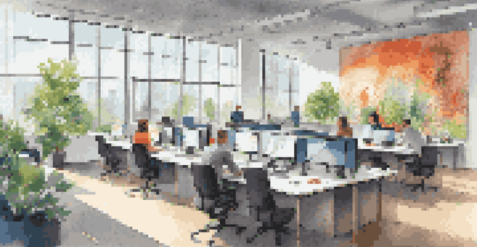 A bright and modern office with an open layout, natural light, greenery, and colorful artwork, where employees are collaborating and working at desks.