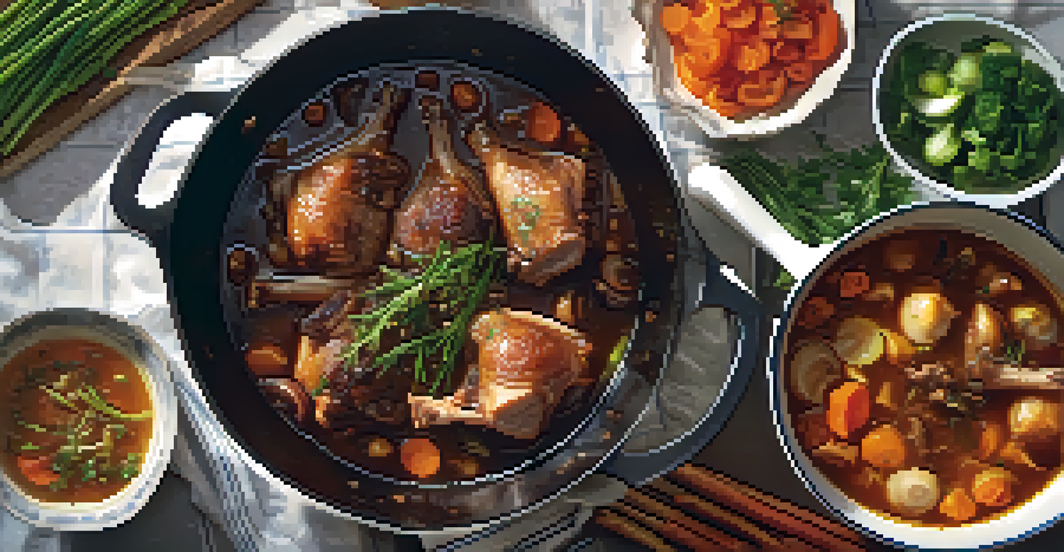 An overhead view of a pot of braised pork shanks with aromatic vegetables, steaming on the stovetop.