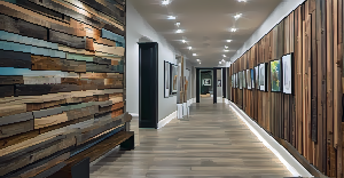 An artistic hallway with 3D wood wall coverings, framed artwork, and ambient lighting.
