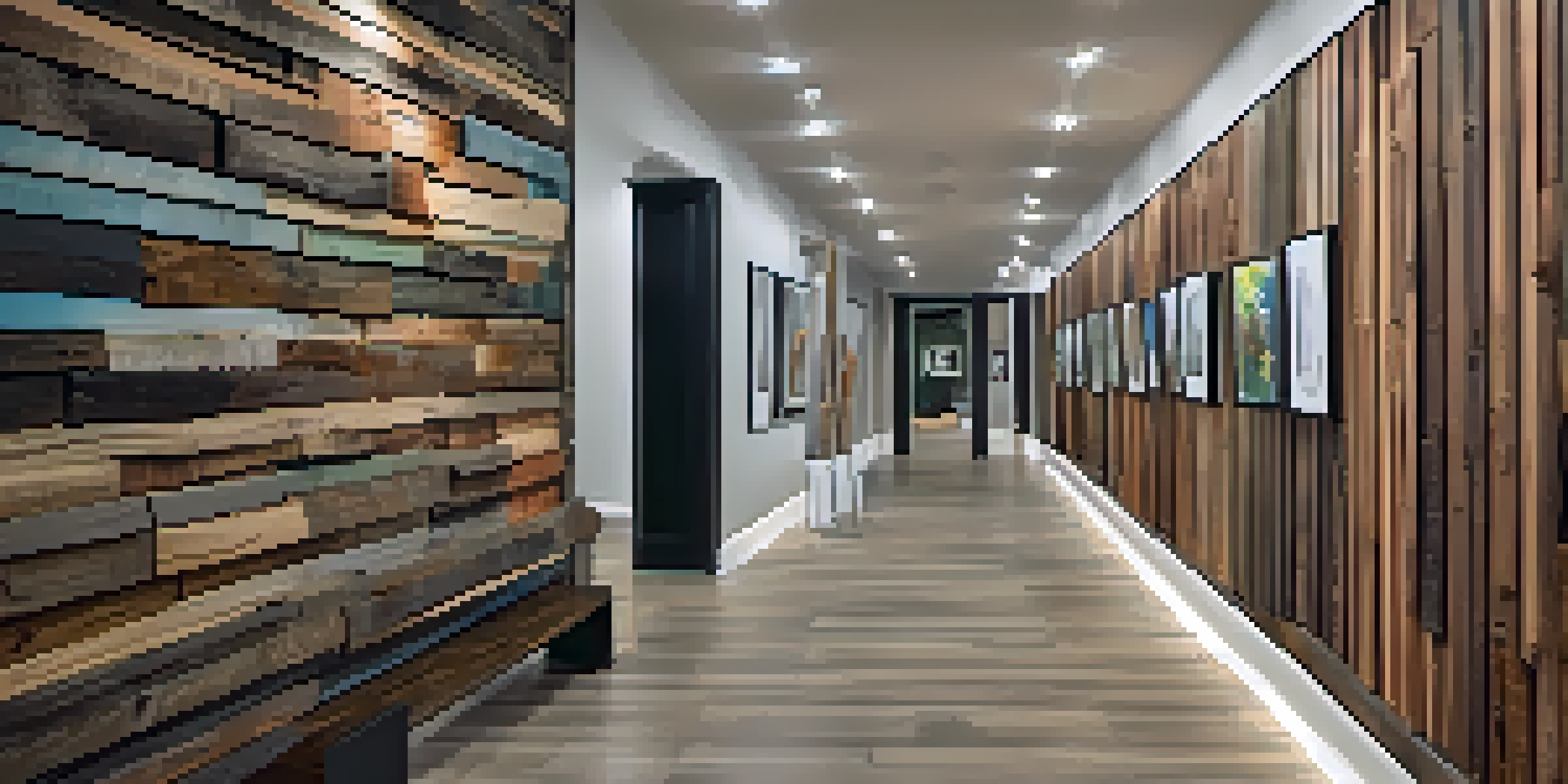 An artistic hallway with 3D wood wall coverings, framed artwork, and ambient lighting.