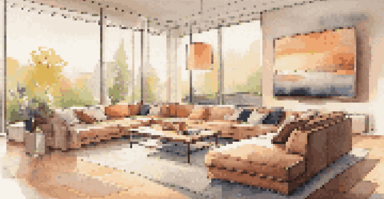 A contemporary living room with a smart hub on the coffee table, smart lights glowing warmly, and a smart camera mounted on the wall.