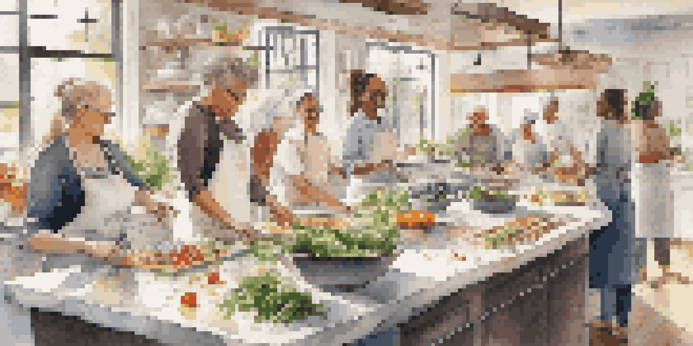 A modern kitchen filled with people participating in a luxury cooking class, surrounded by gourmet ingredients and bright sunlight.
