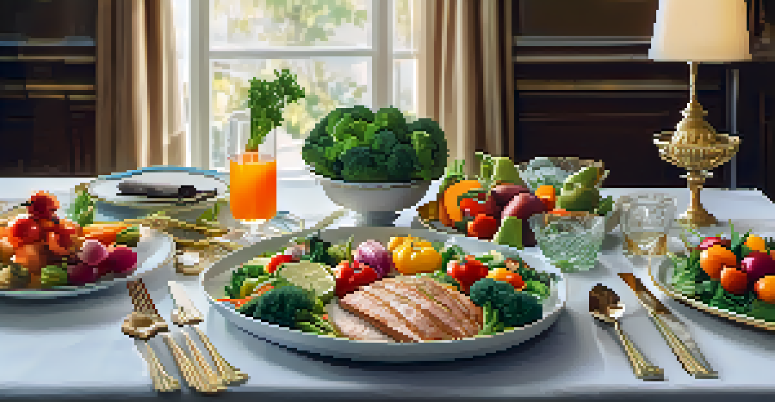 A gourmet meal featuring vibrant and healthy ingredients on an elegantly set dining table.