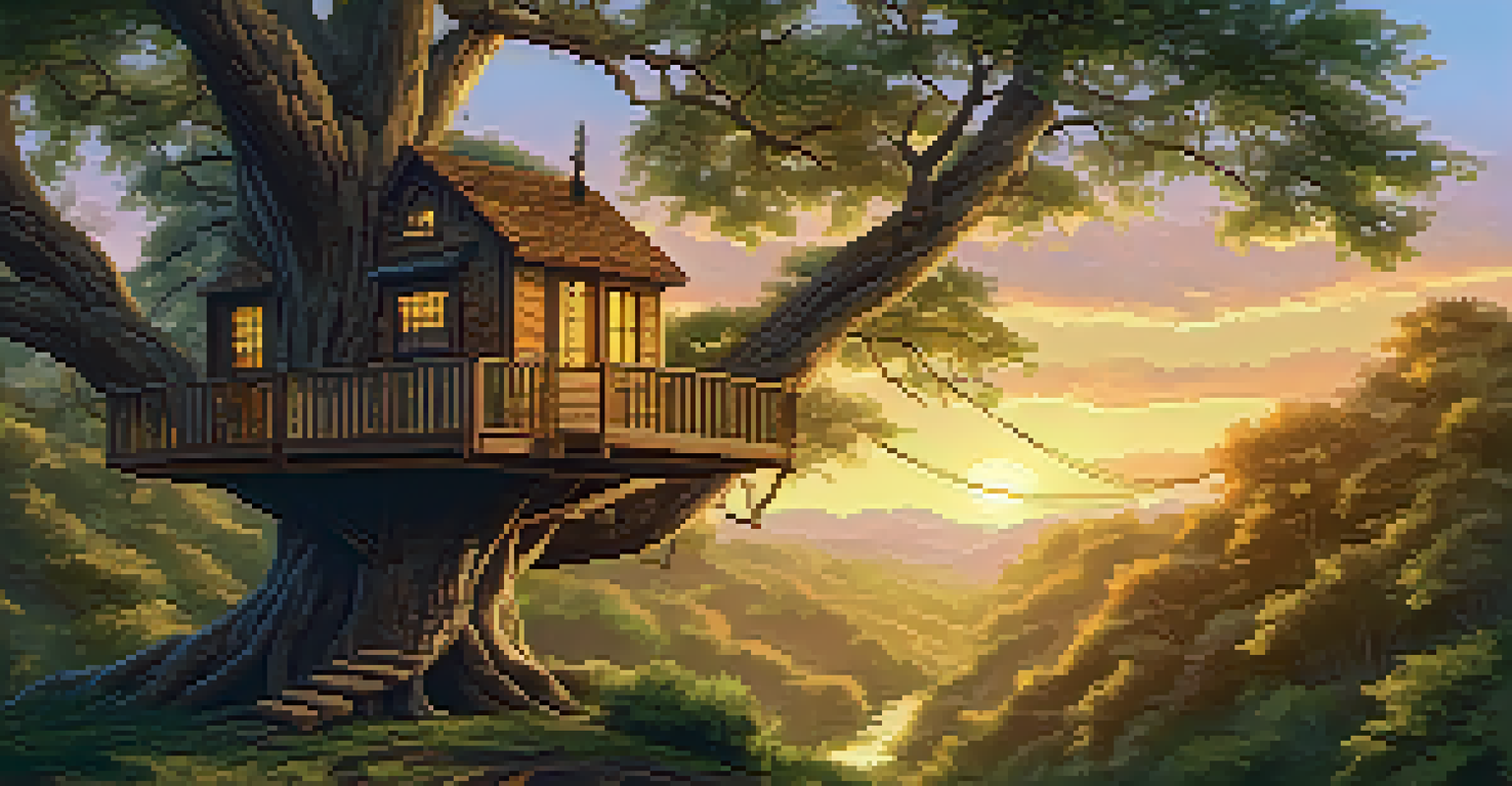 A luxurious treehouse with large windows and a rustic design, surrounded by greenery, illuminated by a warm sunset glow.
