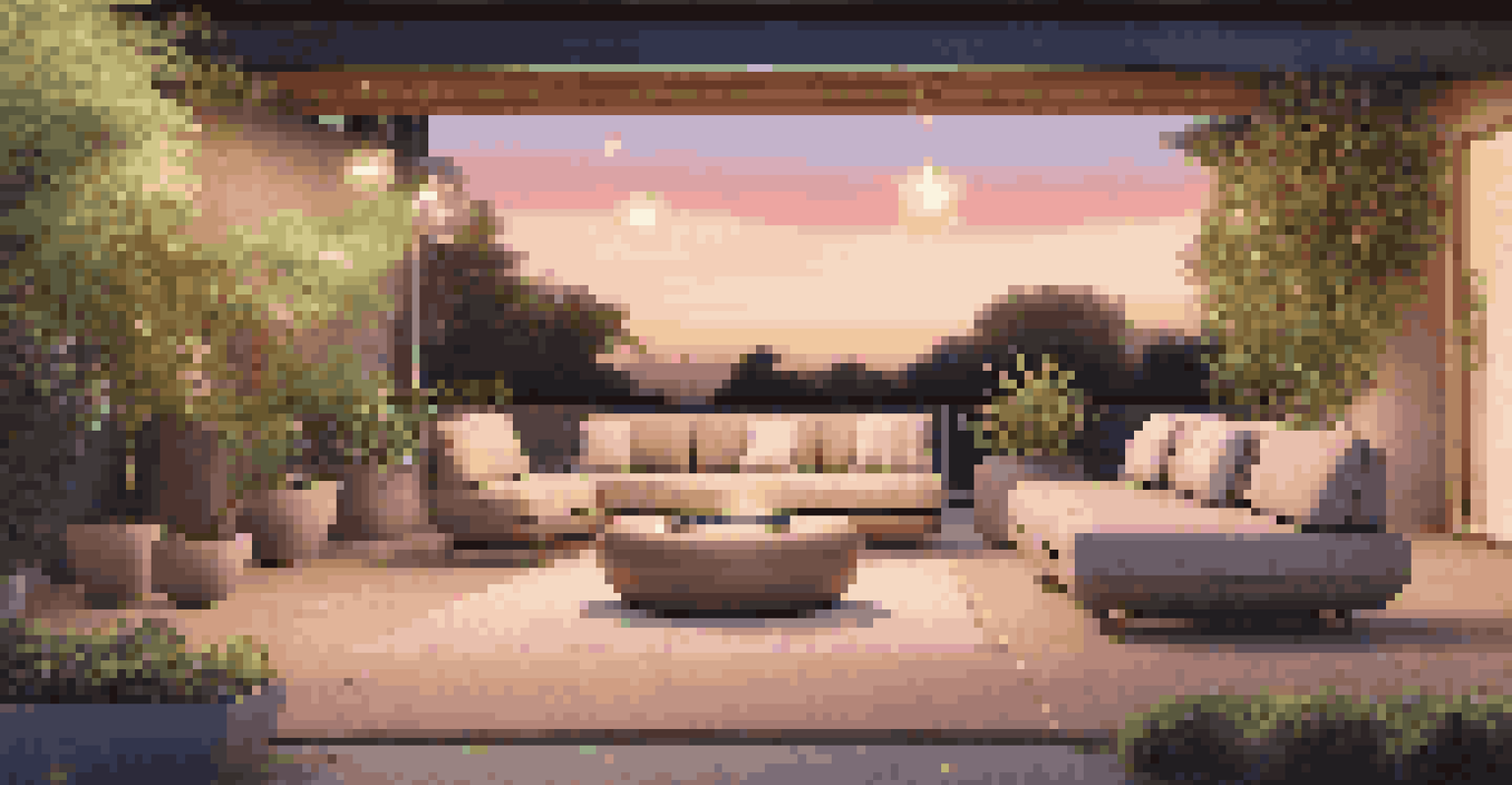 A modern outdoor lounge area with smart furniture, Bluetooth speakers, and solar lighting, featuring soft cushions and potted plants under a starlit sky.
