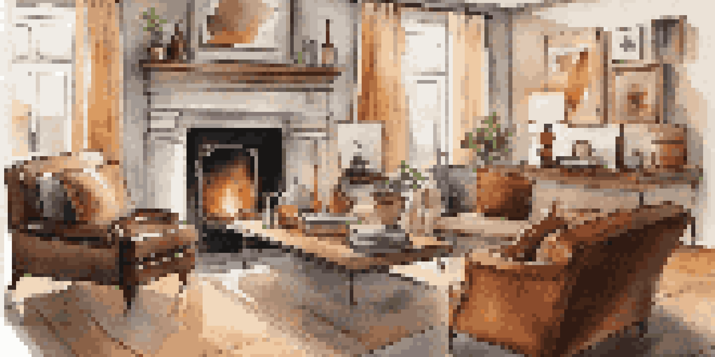 A stylish living room with a leather sofa, art on the walls, and a warm fireplace creating a cozy atmosphere.