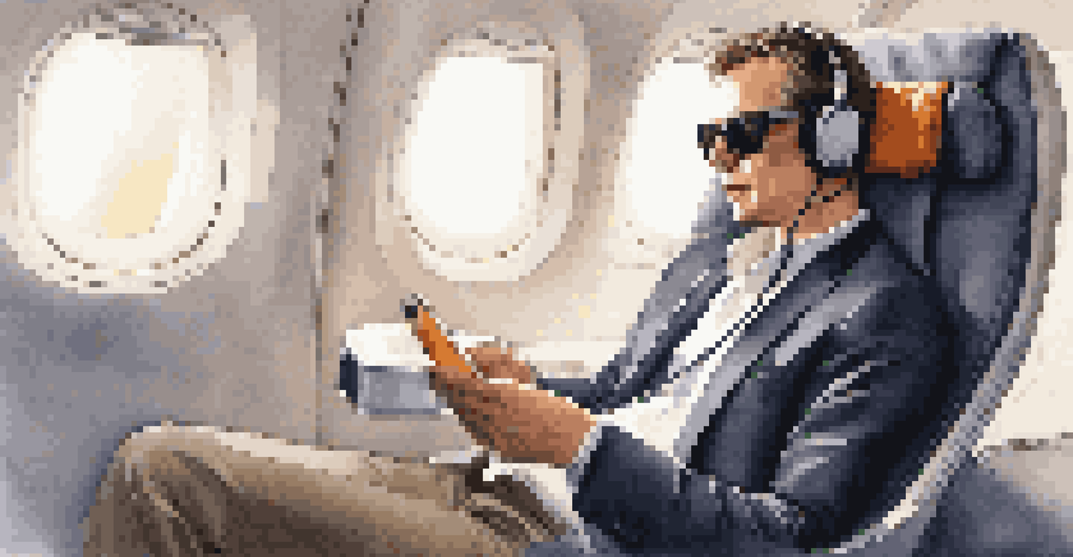 A traveler in a first-class airplane seat, relaxing with a blanket and headphones.