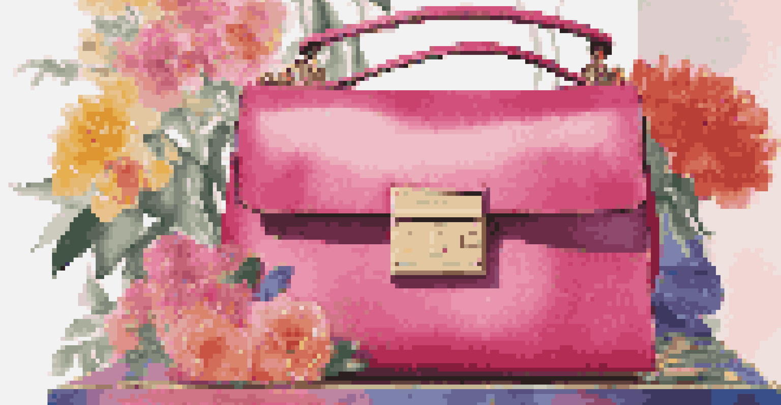 A luxury handbag on a pedestal with vibrant flowers, showcasing a bold hashtag for a charity campaign.