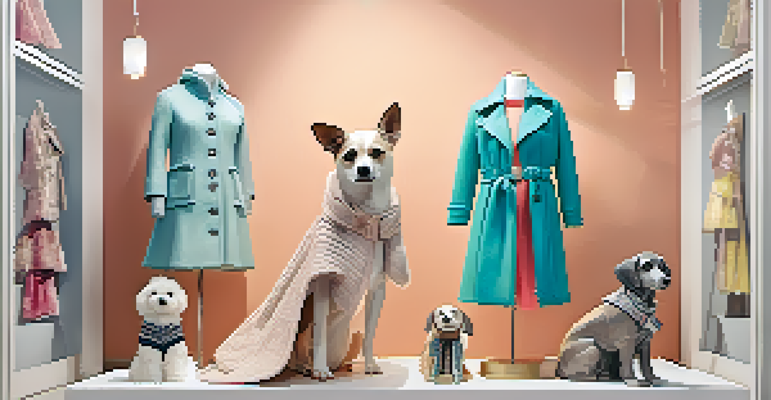 Stylish pet clothing display with a winter coat and summer dress for dogs on a mannequin.